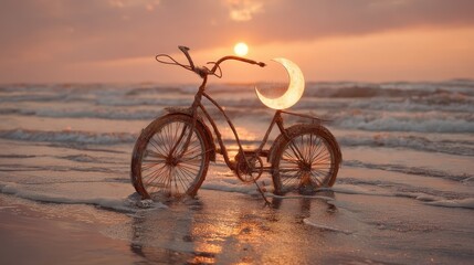 Fototapeta premium Sunset at the beach with a bicycle and crescent moon in the background