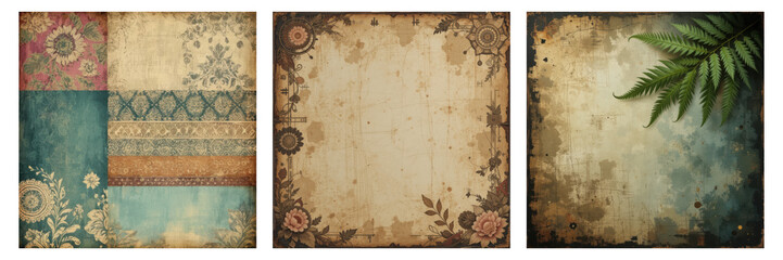 Scrapbook Set ,3 Vintage Styled Artistic Backgrounds  , Featuring Floral Patterns and Textured Papers.
