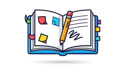 Cartoon illustration of an open blue notebook with a pencil sticky notes and colorful tabs.