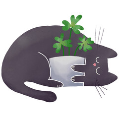 Cute Black Cat Hugging Plant Pot Illustration, Cozy Minimalist Animal Art