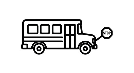 Iconic Black and White Line Art of a School Bus with Stop Sign.