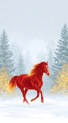 Vibrant red horse galloping through a snowy landscape, surrounded by evergreen trees and soft golden lights, capturing the essence of winter beauty and freedom