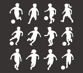 Kids soccer silhouettes SVG bundle, children playing football vector clipart set, sports activity illustrations for school, playground, and DIY crafts