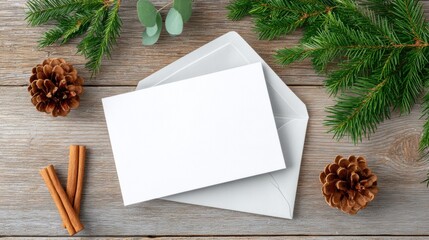 Blank greeting card with white envelope, cinnamon sticks, pine cones, and evergreen branches on rustic wooden table, perfect for holiday messages and seasonal greetings