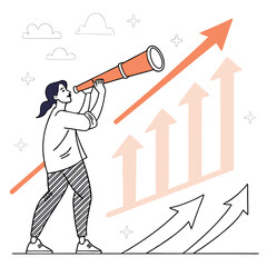 Businesswoman looking at graph through telescope, Business growth forecast with arrows and businesswoman looking through a spyglass
