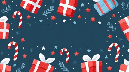 Colorful holiday gifts and candy canes illustrated on a dark blue background, featuring festive stars and leaves, creating a cheerful seasonal atmosphere with copy space