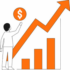 A businessman watching the economic growth, A man reaching out for a dollar sign as the graph shows business improvement