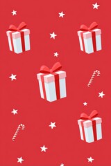 Colorful flat illustration of festive gift boxes with red ribbons and candy canes on a vibrant red background, perfect for holiday-themed designs and seasonal celebrations