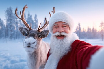 Joyful man with white beard and red coat poses for a selfie with a reindeer in a snowy landscape, capturing a festive winter moment in a magical atmosphere