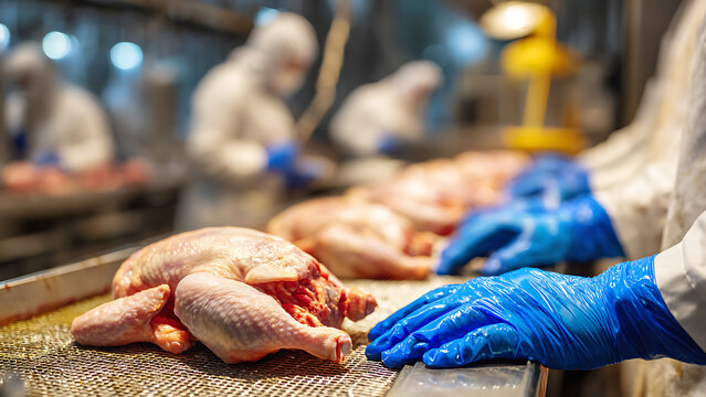 Raw chickens on conveyor belt in poultry processing plant with gloved workers
