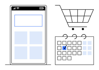 Smartphone interface, shopping cart, and calendar with marked day highlight online shopping, planning, and e-commerce. Ideal for digital sales, scheduling, reminders, organization retail time
