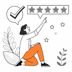 Positive Feedback and Customer Satisfaction: User Points to Excellent Star Rating, Illustration of a Woman Reviewing Service and Approving with Check Mark