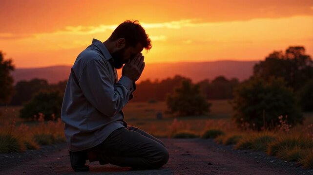 Man seeking solace in prayer during a golden sunset moment of reflection and faith, a spiritual journey, kneeling in reverence at dusk, peaceful