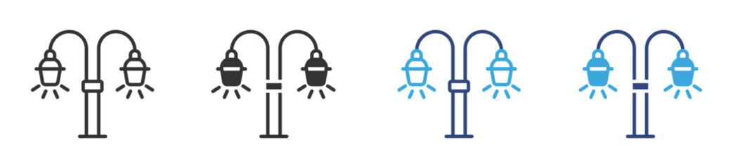 Fototapeta premium Double-headed street lamp icon set, lamppost with lights, vector illustration. 