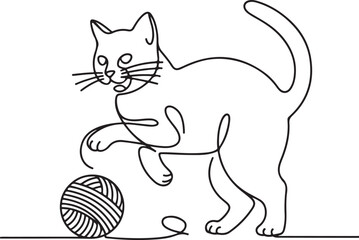 Continuous line art of cat playing with yarn ball, minimal playful outline vector
