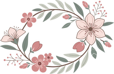 Obraz premium Vector art of floral wreath, featuring delicate pink blossoms and lush green leaves arranged in an oval shape, creating a charming botanical frame