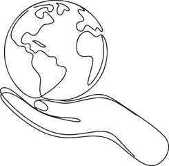Continuous line art of hand holding planet Earth, sustainability minimal vector illustration