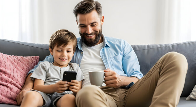 Happy father and son using smartphone together at home relaxing on sofa enjoying family time bonding moments - Powered by Adobe