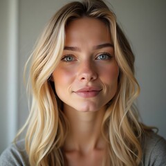 Portrait of Smiling Woman with Blonde Wavy Hair and Blue Eyes
