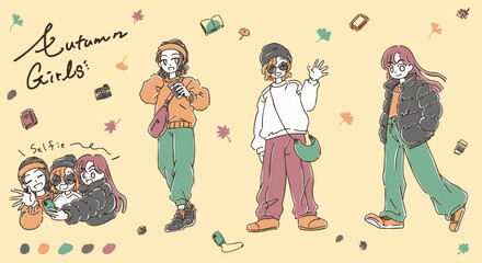 シンプルかわいい手書きの秋コーデ女子たちのイラスト素材