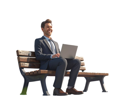Businessman Laughing While Using Laptop Outdoors, Side View, Transparent PNG