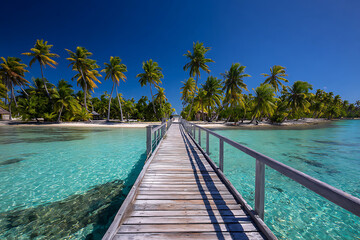 Fototapeta premium Wooden pier over clear turquoise water leading to a palm-fringed island beach under a vibrant blue sky.