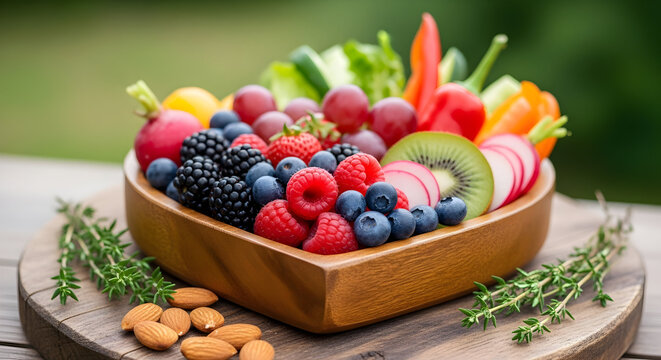 Vibrant assortment of fresh fruits and vegetables healthy eating delicious nutritious diet food bowl summer harvest garden bounty vitamins antioxidants