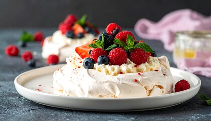 Delicate meringue pavlova topped with fresh berries and whipped cream