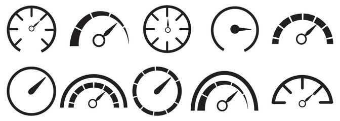 Scoring or Speed Gauges . Set of Eight Various Speedometer Designs Displaying. Speed gauge displaying performance level, star rating system, settings gear. 