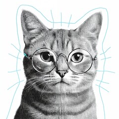 Stylish Cat with Glasses in Halftone Textured Art , Modern, High-Resolution, White Background