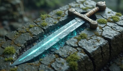 Ancient enchanted sword glows with mystical energy on mossy stone altar, fantasy adventure awaits