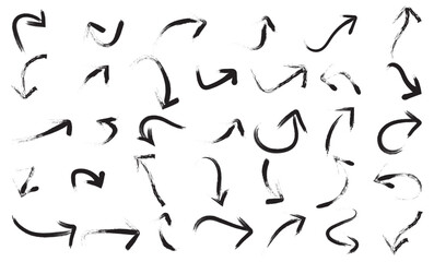 Set of black grunge hand drawn arrows. Collection hand drawn arrows. Arrows Set. Ink brush black and white arrows. grunge arrow vector.