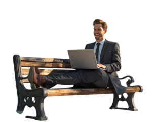 Businessman Laughing While Using Laptop Outdoors, Side View, Transparent PNG