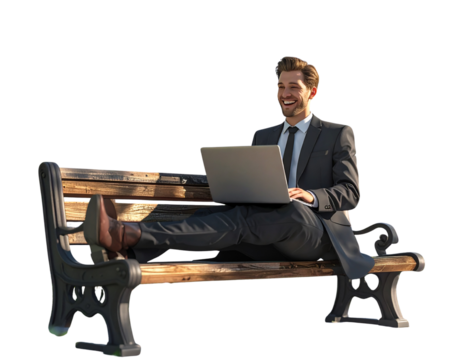 Businessman Laughing While Using Laptop Outdoors, Side View, Transparent PNG