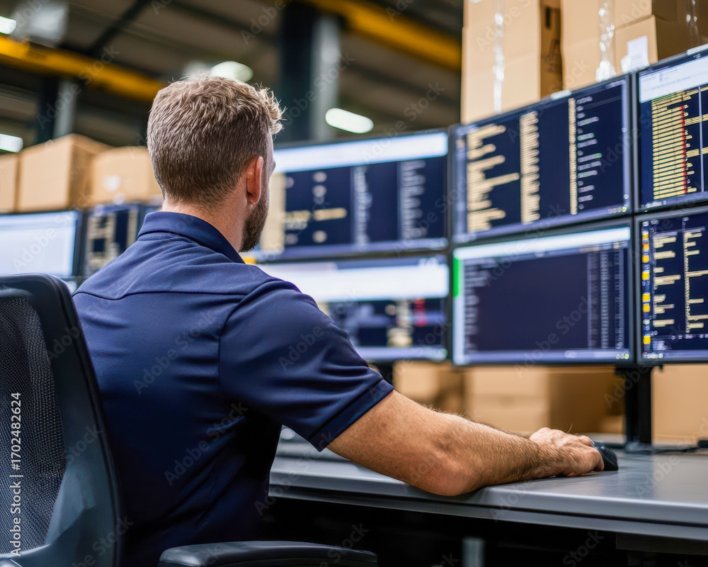 Poster cargo management with delivery and documentation. logistics control room with screens showing delive