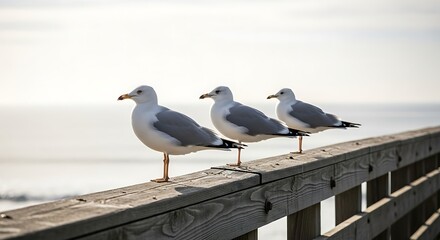 Obraz premium Three seagulls perched on a wooden pier railing overlooking the ocean at sunrise.