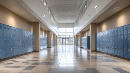 Obraz premium Bright school hallway featuring blue lockers, leading to the entrance, creating a welcoming and safe environment