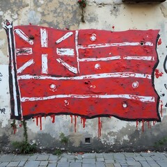 Red White Flag Graffiti on Old Weathered Plaster Wall