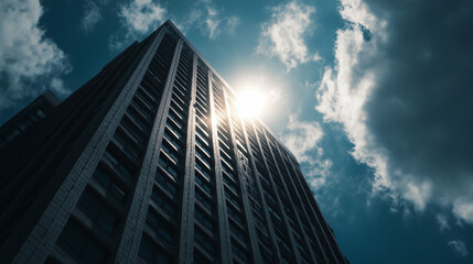 Fototapeta premium low-angle photograph of a black high-rise building with the sun shining through one window, wide shot, natural lighting,