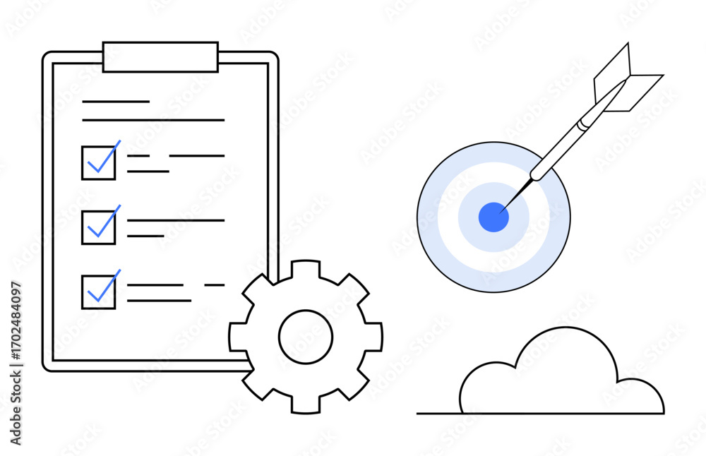 Poster checklist with marked tasks, gear for process, and target with dart illustrating goal achievement. i