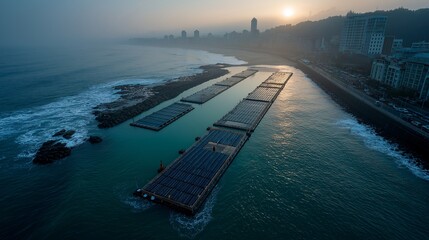 Aerial view of coastal city at sunset with seawall and floating structures in water, surrounded by waves and urban buildings. scene is serene and atmospheric