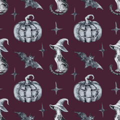 Seamless pattern for halloween watercolor black cats in witch hats bats stars funny pumpkins on a burgundy red background hand drawn with