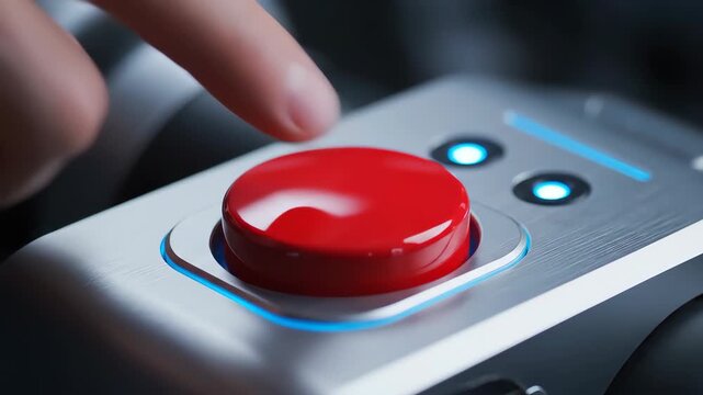 Finger pressing red button metallic control panel with blue light activating robotic system technology, modern innovation and automation, precise action and determination, futuristic industrial design