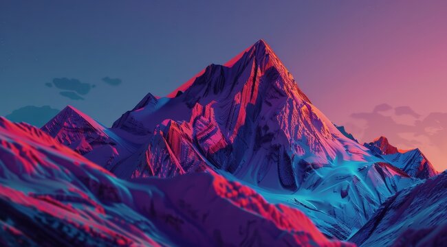 Mountains, with their peaks shimmering in vibrant neon colors, feature surreal lighting and shadows, showcasing crisp detail and a futuristic aesthetic.