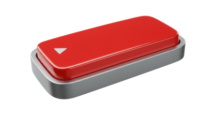 Isolated 3D red glossy button, metallic silver band, generic action icon, transparent background, soft shadow, negative space, photorealistic. Concept of activation and call to action