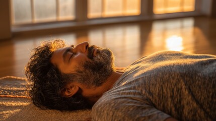 Man with calm expression lies supine on floor, bathed in warm sunlight streaming through large windows, creating serene and peaceful atmosphere