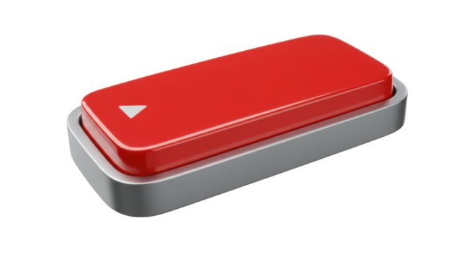 Isolated 3D red glossy button, metallic silver band, generic action icon, transparent background, soft shadow, negative space, photorealistic. Concept of activation and call to action