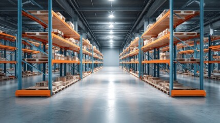 Warehouse Interior with Shelves and Pallets, Logistics and Distribution Center, Storage and Inventory