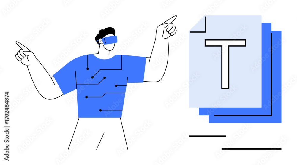 Aufkleber man wearing vr headset with digital circuits pointing to layered text documents. ideal for technolog