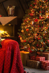 Cozy Christmas living room interior with decorated evergreen tree and festive gifts. Winter holiday celebration for new year.